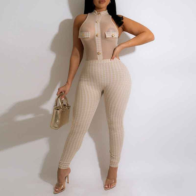 Print Sleeveless Sheer Mesh Skinny Jumpsuit