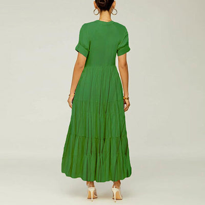 Solid Short Sleeve Pleated Maxi Shirt Dress