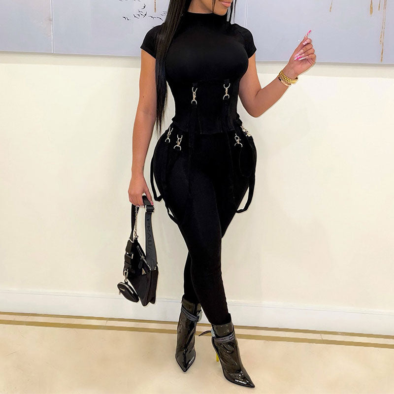 Solid Short Sleeve Strapped Top & Legging Set