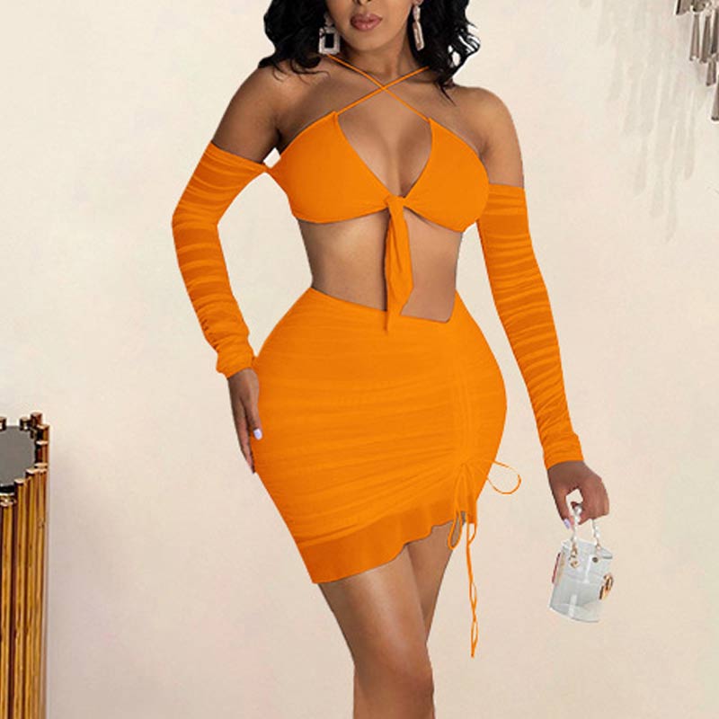 Solid Cold Shoulder Crop Top & Skirts Set