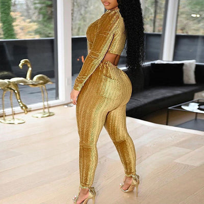 Solid Long Sleeve Hollow Out Crop Top & Pants Set
