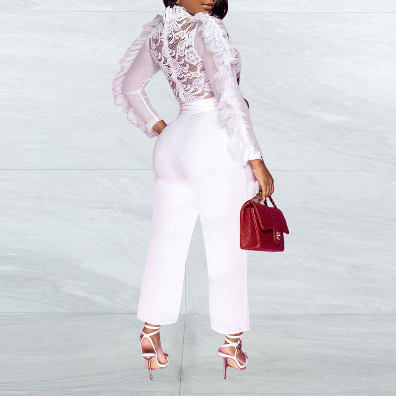 Solid Long Sleeve Lace Belted Jumpsuit