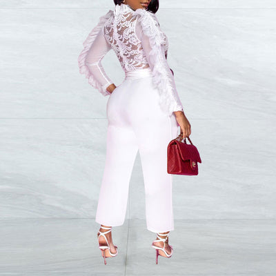 Solid Long Sleeve Lace Belted Jumpsuit