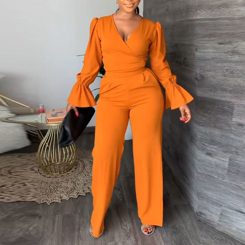 Solid V-Neck Flared Sleeve Tied Top & Pants Set