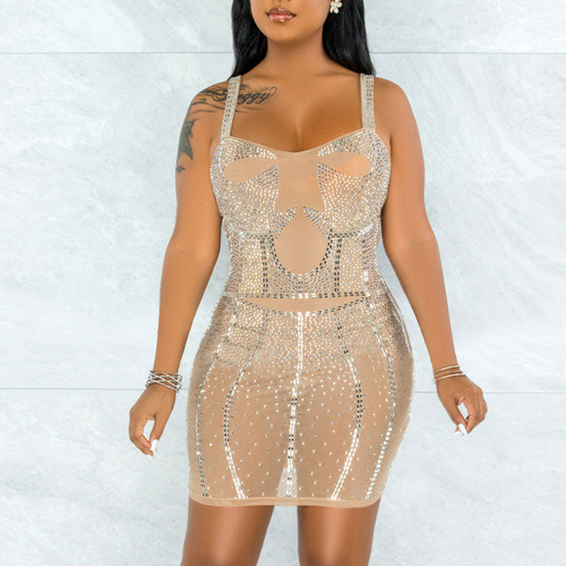 Rhinestone Sleeveless Spaghetti Strap Sheer Mesh Bodycon Dress