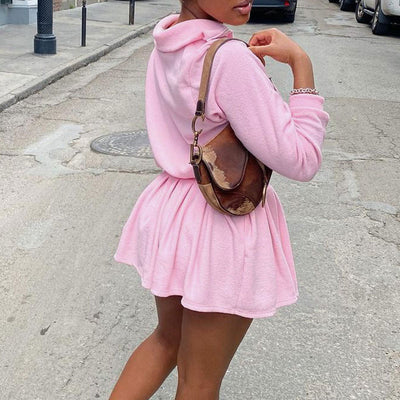 Solid Long Sleeve Hoodie Top & Pleated Skirt Set