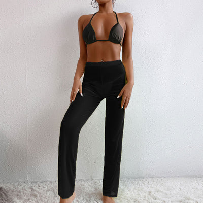Solid Halter Sheer Mesh 3PCS Swimsuit Set