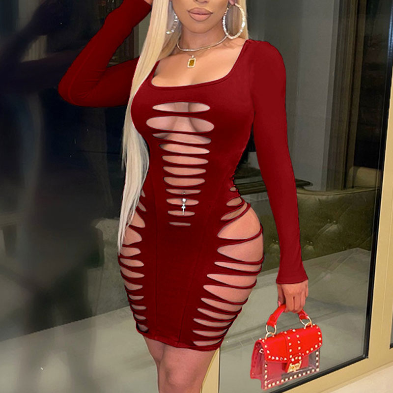 Solid Long Sleeve Cut Out Bodycon Dress