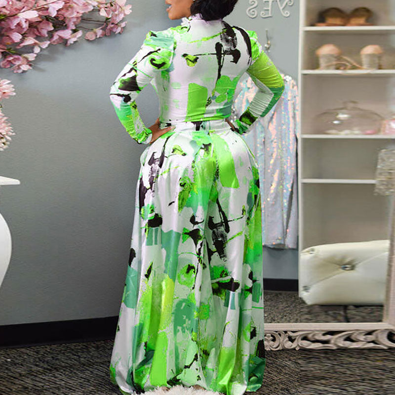 Print Long Sleeve Top & Wide Leg Pants Set
