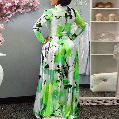 Print Long Sleeve Top & Wide Leg Pants Set