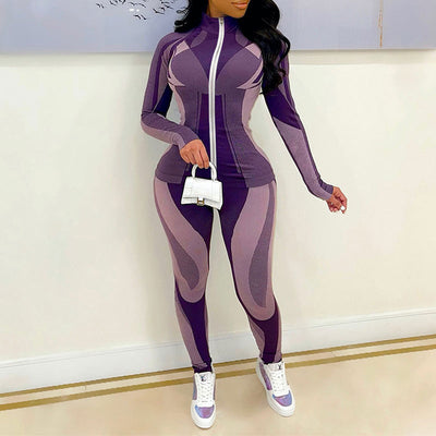 Print Long Sleeve Zipper Design Top & Pants Set