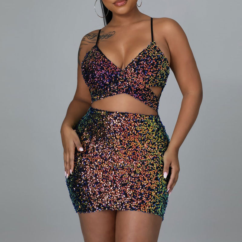Sequins Sleeveless Cut Out Mini Dress