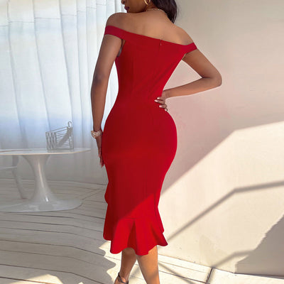 Solid Off Shoulder Sleeveless Slit Midi Dress