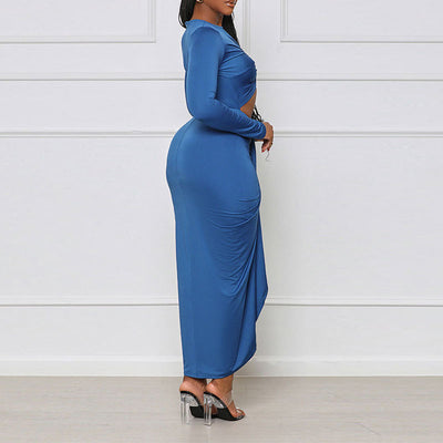 Solid Long Sleeve Cut Out Ruched Irregular Midi Dress