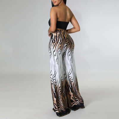 Solid Tied Bandeau Top & Print Wide Leg Pants Set