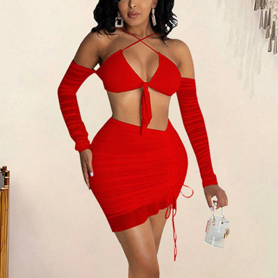 Solid Cold Shoulder Crop Top & Skirts Set