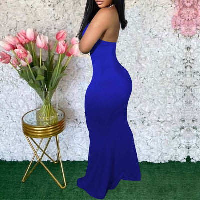Solid Halter Backless Maxi Dress