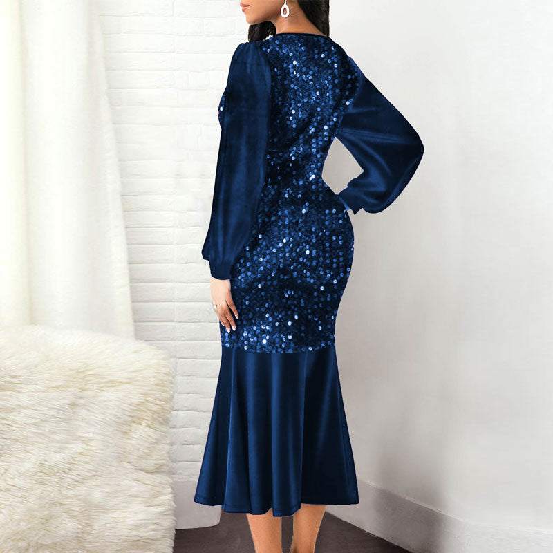 Sequins V-Neck Long Sleeve Fishtail Party Dress
