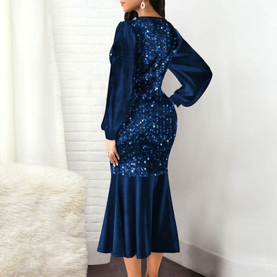 Sequins V-Neck Long Sleeve Fishtail Party Dress