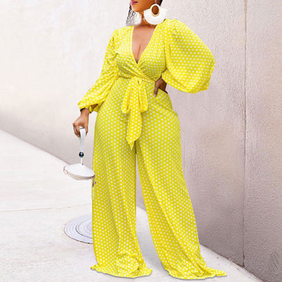 Print Deep V-Neck Long Sleeve Loose Jumpsuit