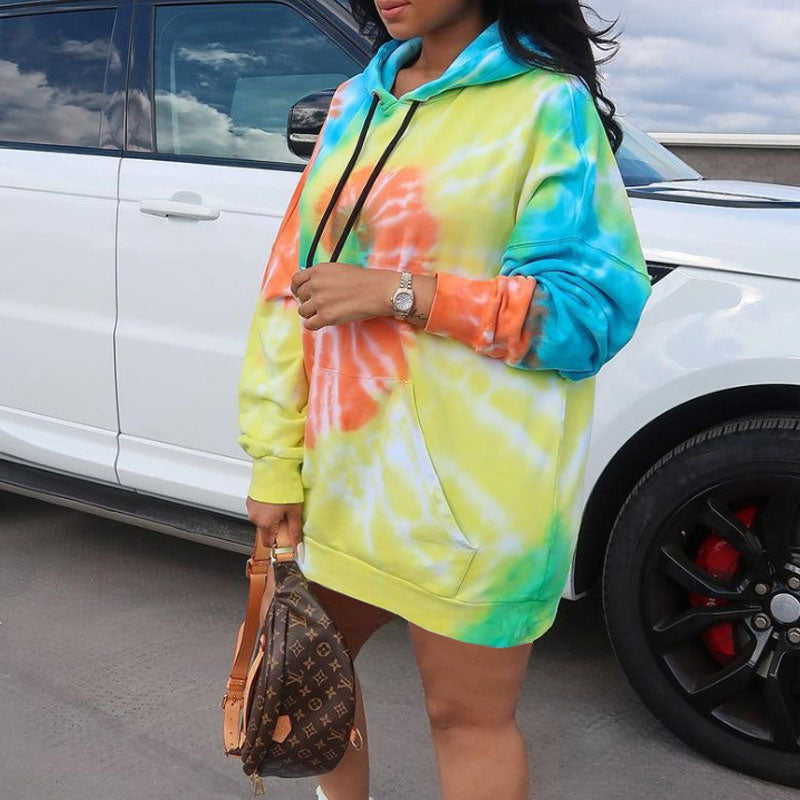 Tie Dye Print Long Sleeve Hoodie Sweater Dress