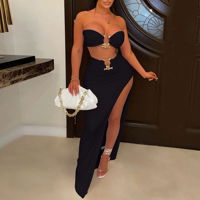 Solid Metal Ring Tube Top & High Slit Skirt Set