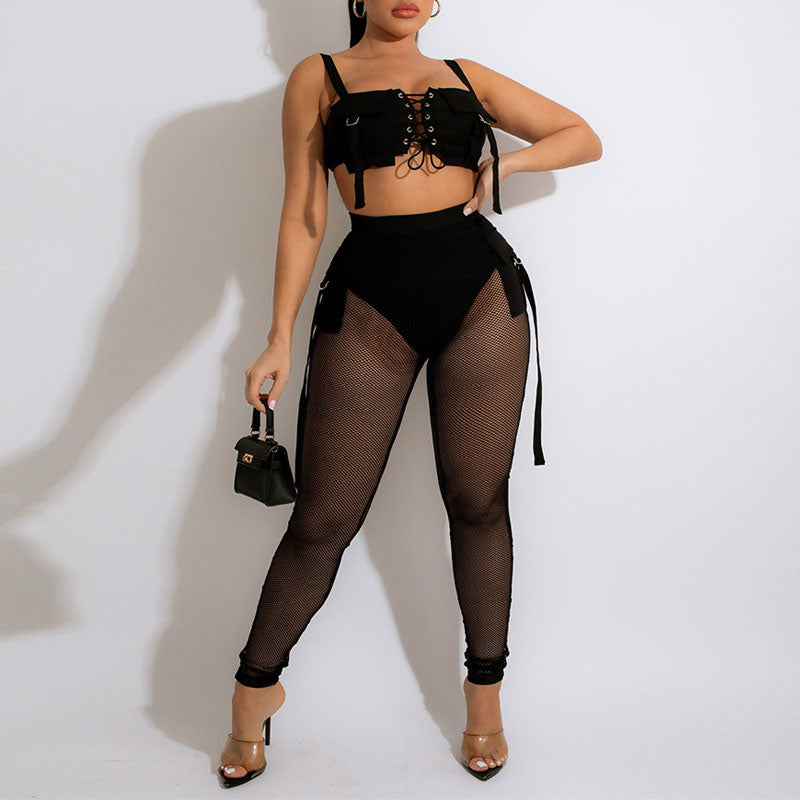 Solid Lace Up Crop Top & Sheer Mesh Pants Set