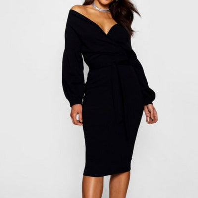 Solid Off Shoulder Lantern Sleeve Bodycon Dress