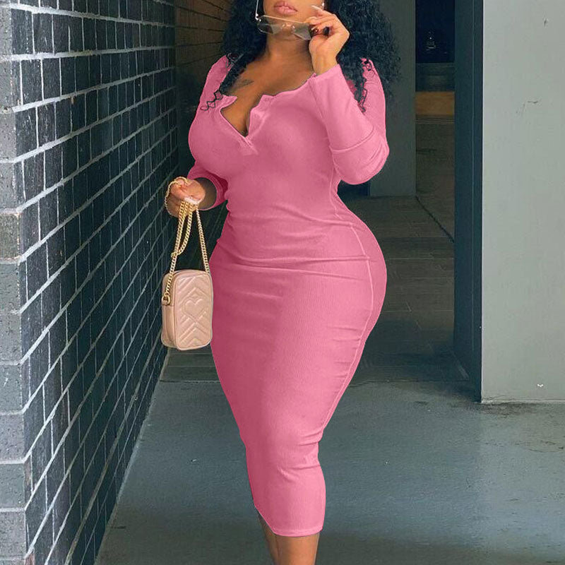 Solid V-Neck Long Sleeve Plus Size Dress