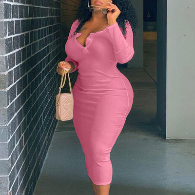 Solid V-Neck Long Sleeve Plus Size Dress