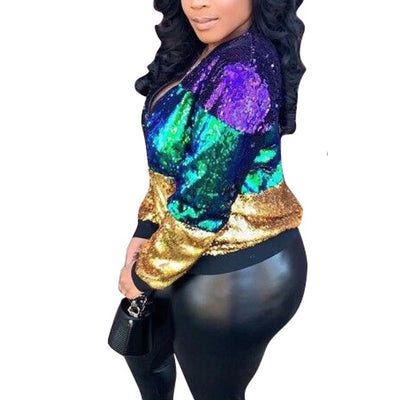 Sequins Contrast Zipper Design Long Sleeve Coat