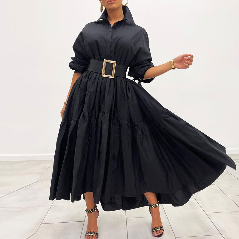 Solid Turndown Neck Long Sleeve Loose Dress Without Belt