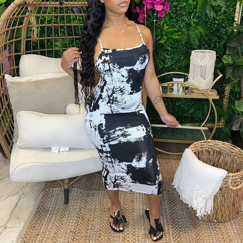 Print Sleeveless Spaghetti Strap Midi Dress
