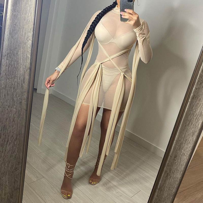 Sheer Mesh Bandage Bodycon Mini Dress