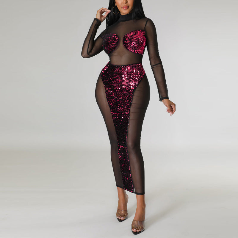Sequins Long Sleeve Sheer Mesh Maxi Dress