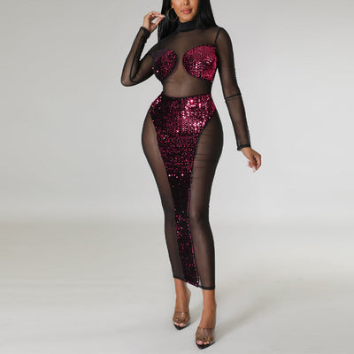 Sequins Long Sleeve Sheer Mesh Maxi Dress