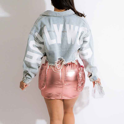 Letter Figure Print Long Sleeve Cut Out Denim Coat