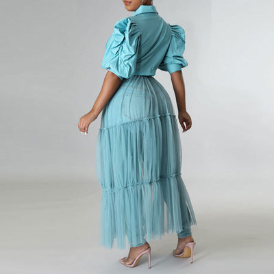 Solid Lantern Sleeve Sheer Mesh Patchwork Shirt Dress