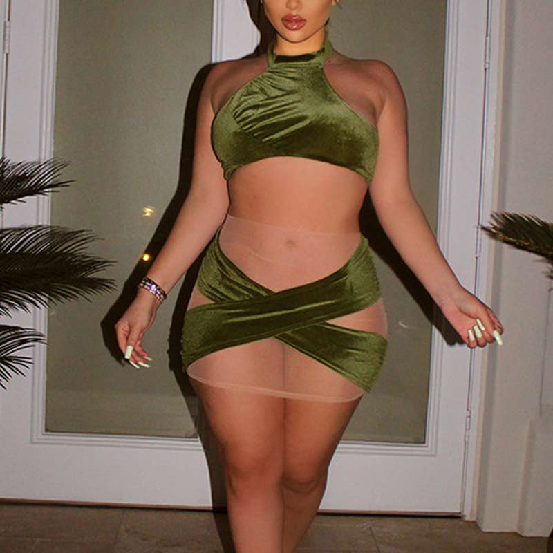 Solid Sleeveless Tube Top & Sheer Mesh Skirt Set