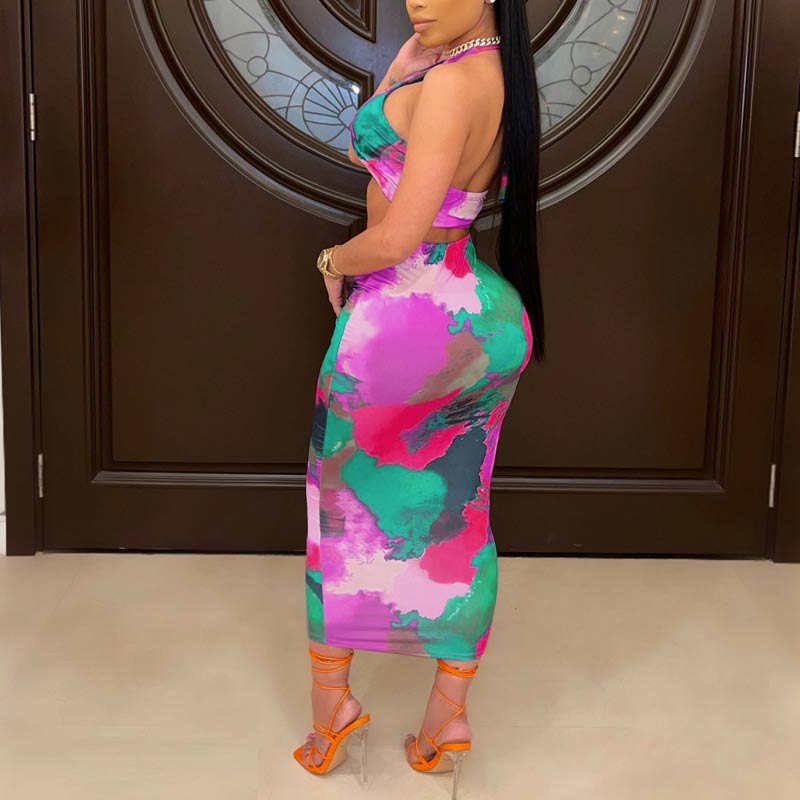 Tie Dye Print Halter Skirt Set