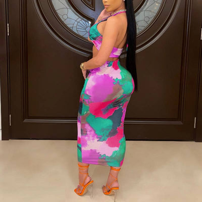Tie Dye Print Halter Skirt Set