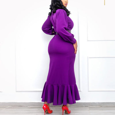 Solid Lantern Sleeve Ruched Mermaid Dress