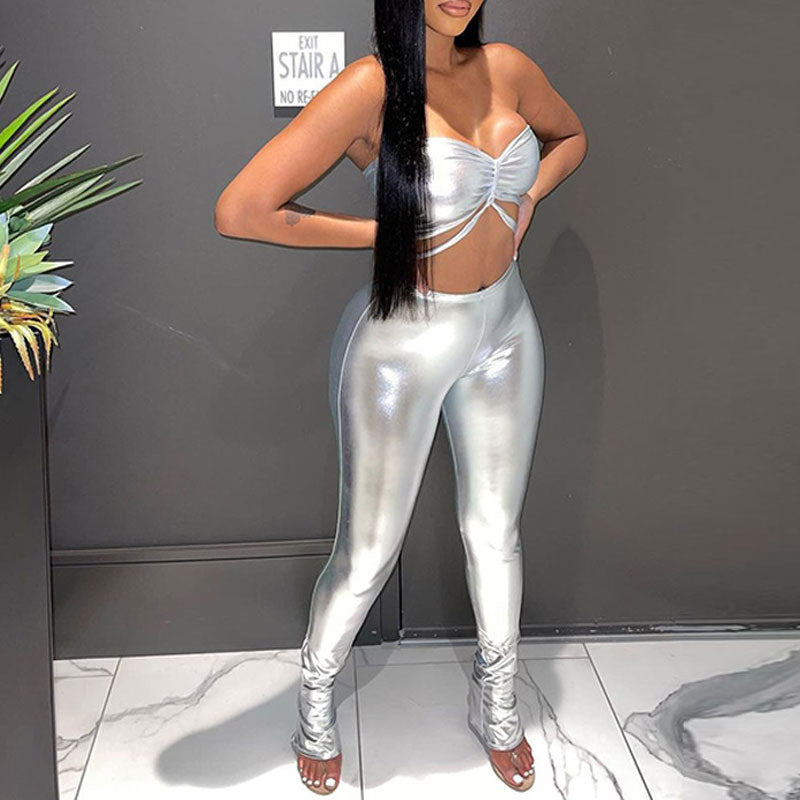 Solid PU Leather Tube Top & Pants Set