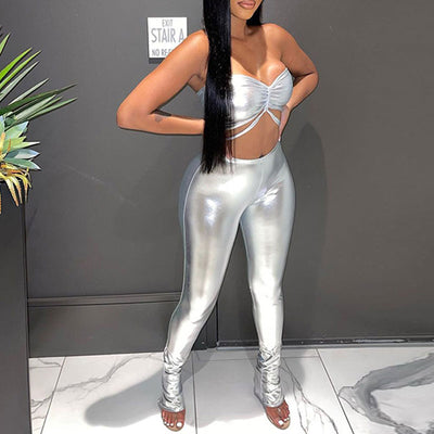 Solid PU Leather Tube Top & Pants Set