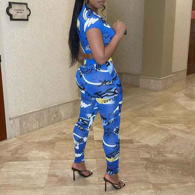 Print Short Sleeve Crop Top & Pants Set
