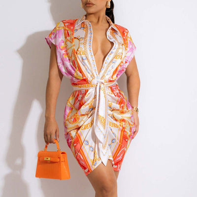 Print Sleeveless Deep V-Neck Tied Shirt Dress