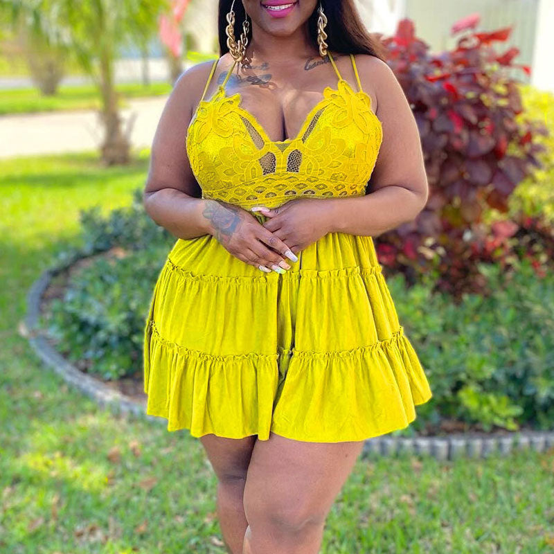 Solid Sleeveless Lace Mini Dress