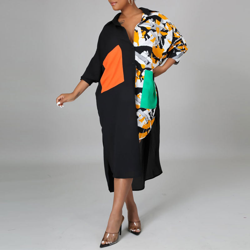 Leopard Print Long Sleeve Pocket Design Irregular Shirt Dress