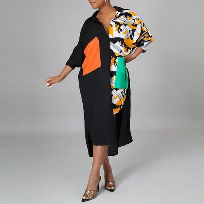 Leopard Print Long Sleeve Pocket Design Irregular Shirt Dress