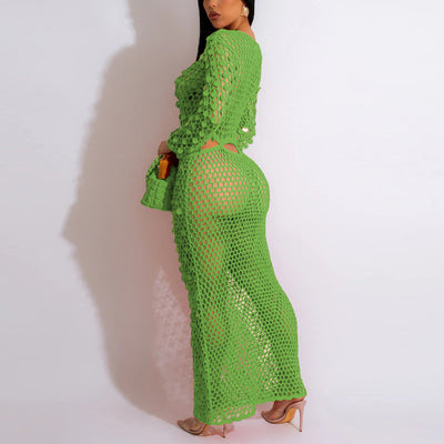 Sequins Hollow Out Long Sleeve Beach Dress